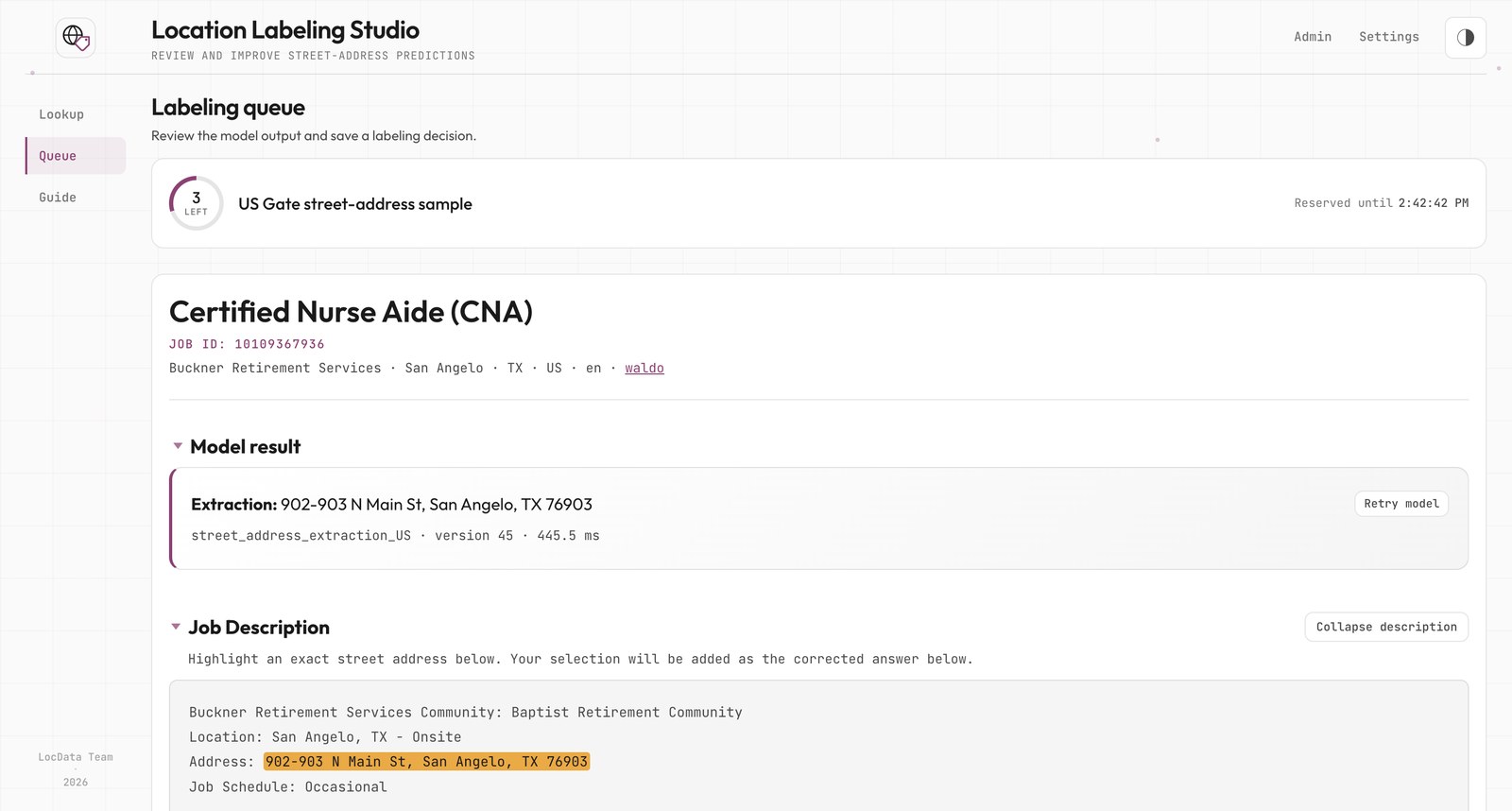 Location labeling studio queue: the model's extracted address next to the job description